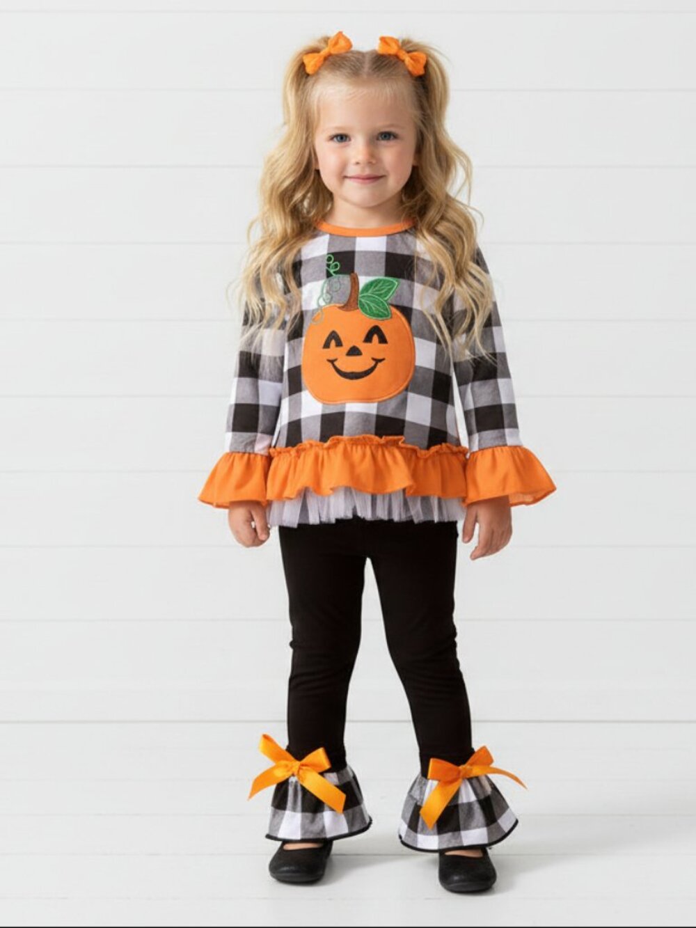 Buffalo Check Pumpkin Boutique Ruffle Outfit, girls, Fall, Halloween, kids